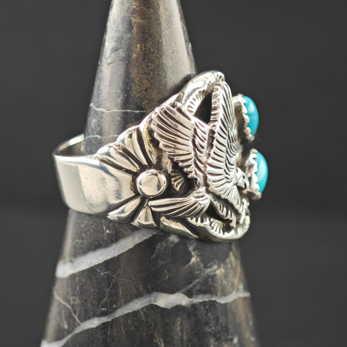 Native American Eagle Block Turquoise Ring Sterling Silver