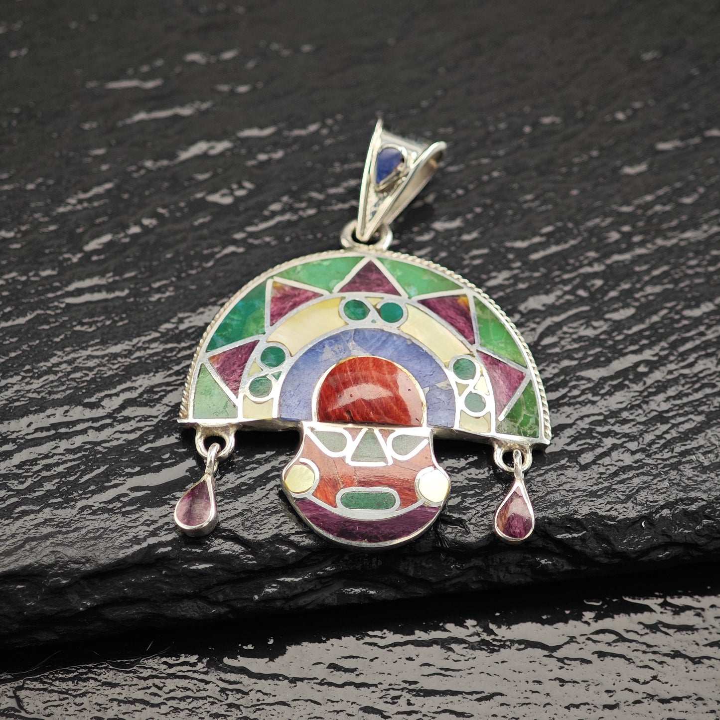 Vintage Gemstone Inlay Tumi Pendant Sterling Silver