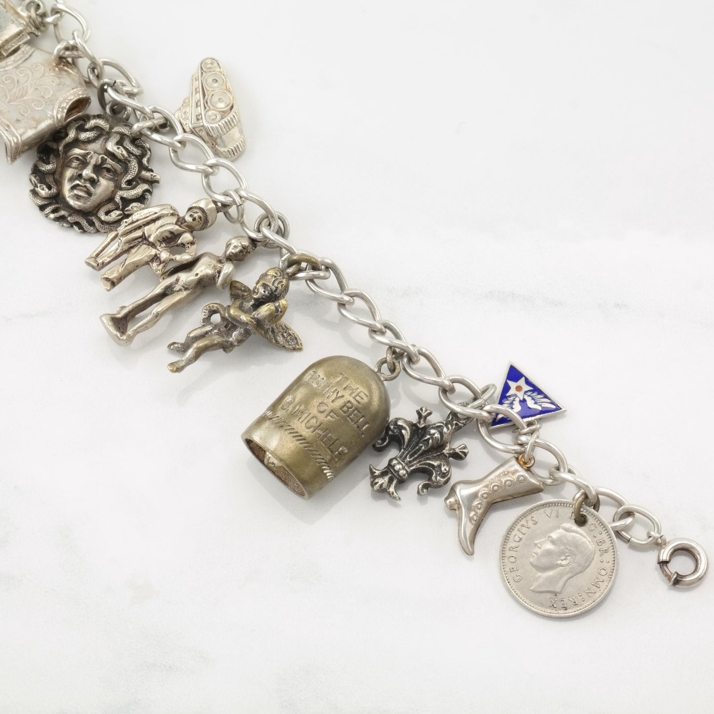 Art Nouveau 16 Charm Bracelet Sterling Silver Military, Angels & Misc