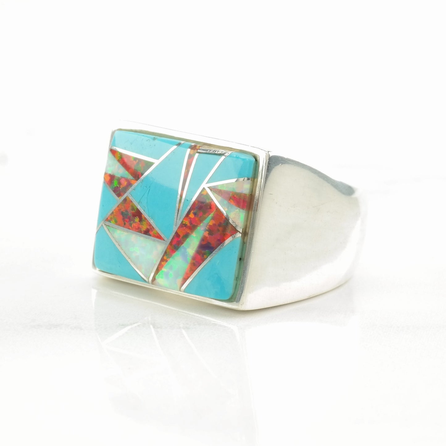 Southwest Sterling Silver Ring with Turquoise and Lab Opal Inlay | Size 10 3/4 | Men's Statement Ring