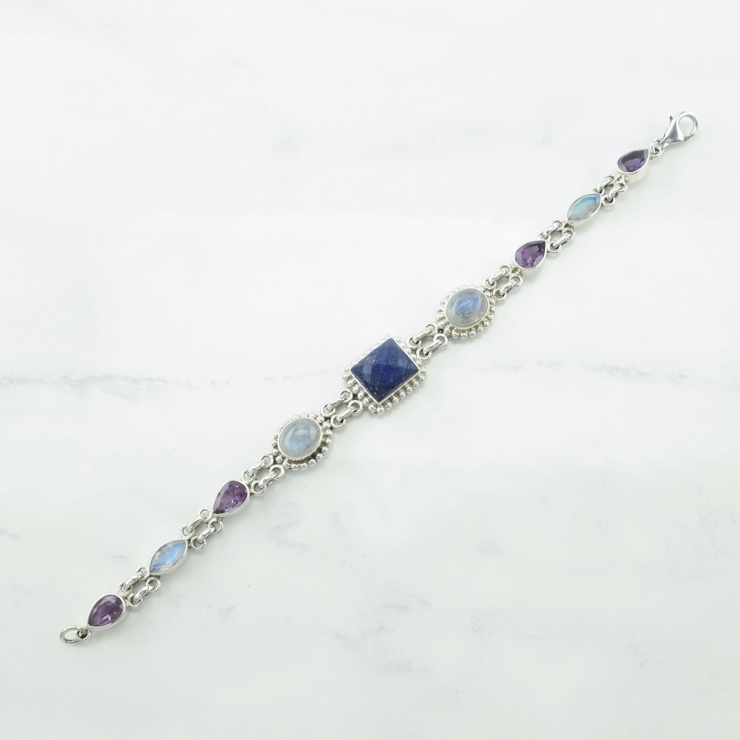 Nicky Butler Sterling Silver Link Bracelet Blue, Purple Lapis Lazuli, Moonstone, Amethyst