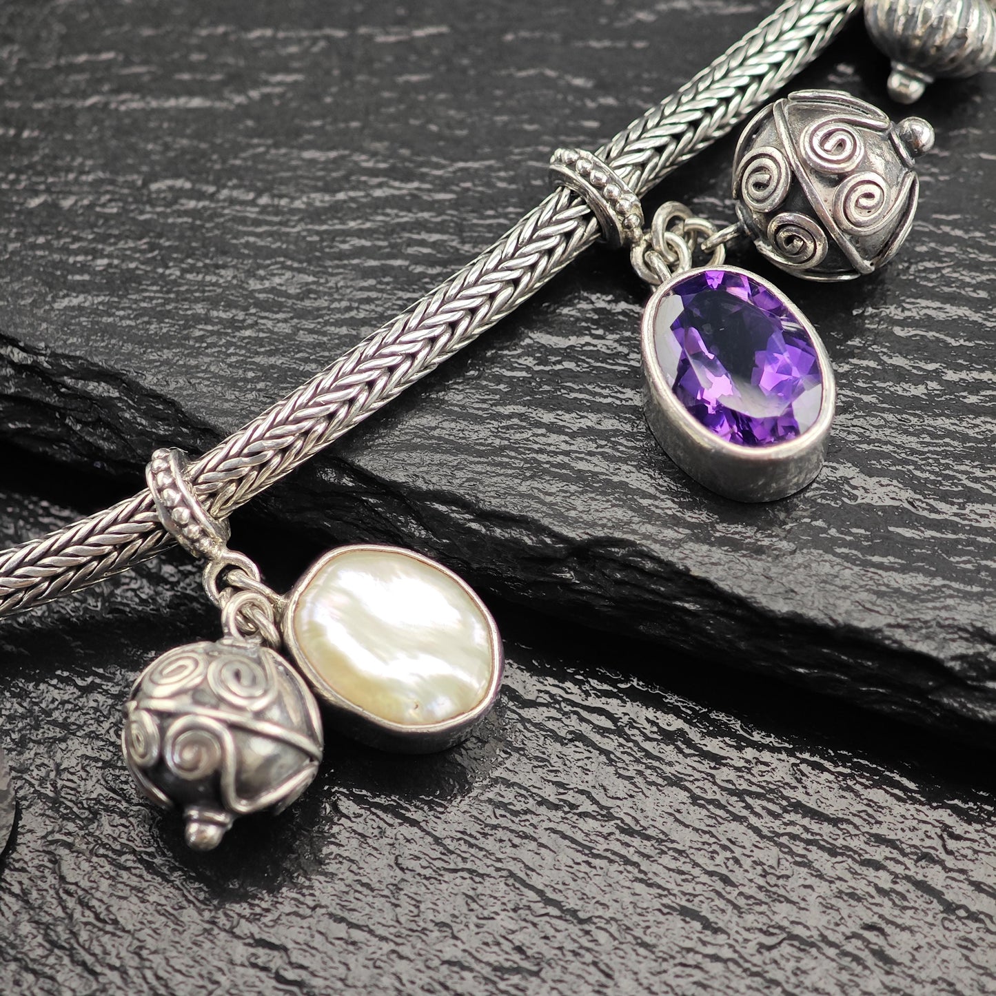 Vintage Topaz, Amethyst, Pearl, Charm Bracelet Sterling Silver
