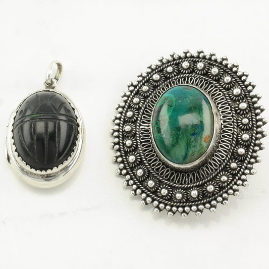 Vintage Choice of Carved Jet, Chrysocolla Sterling Silver Pendant