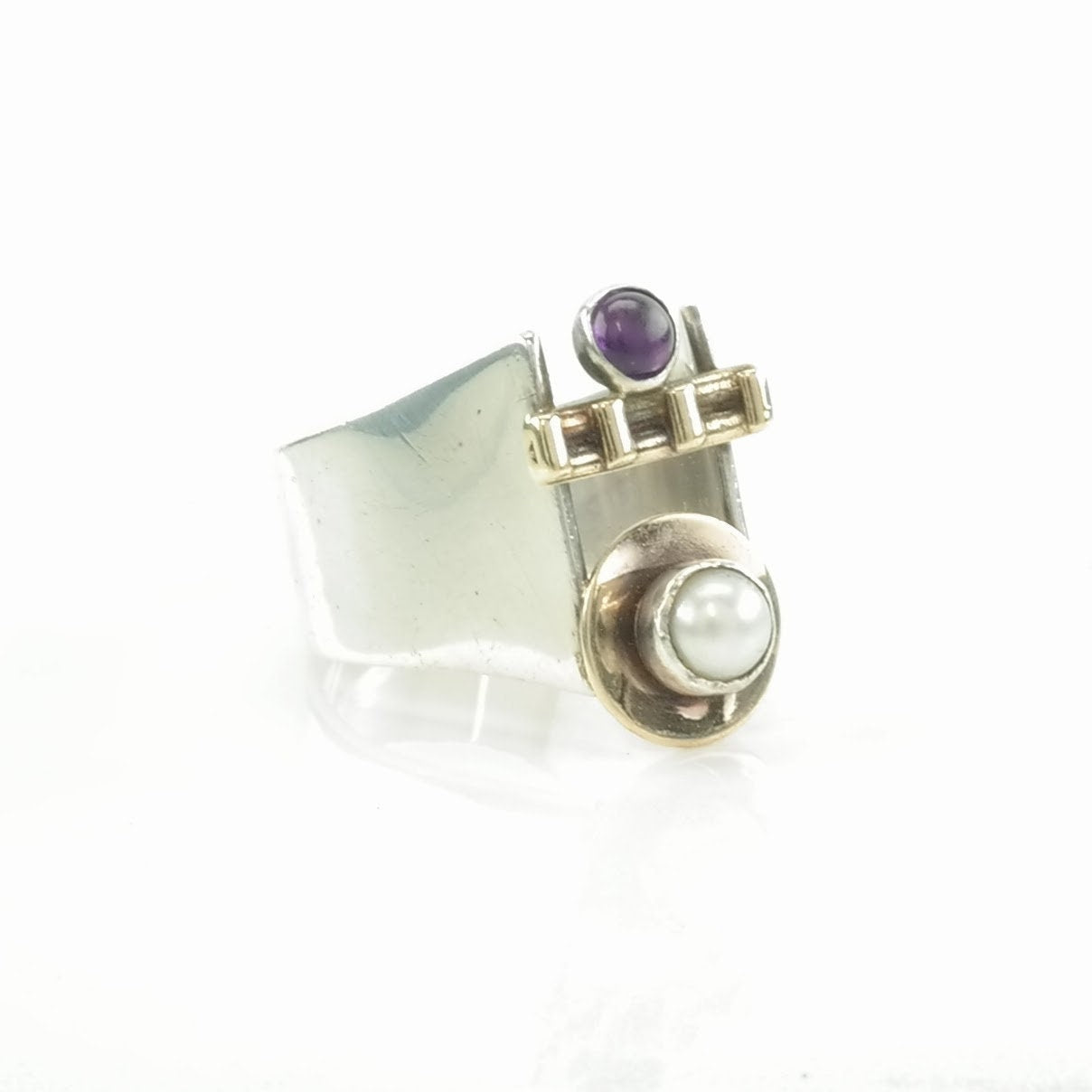 Studio Silver Ring Amethyst, Pearl Modernist Sterling Size 6 1/4