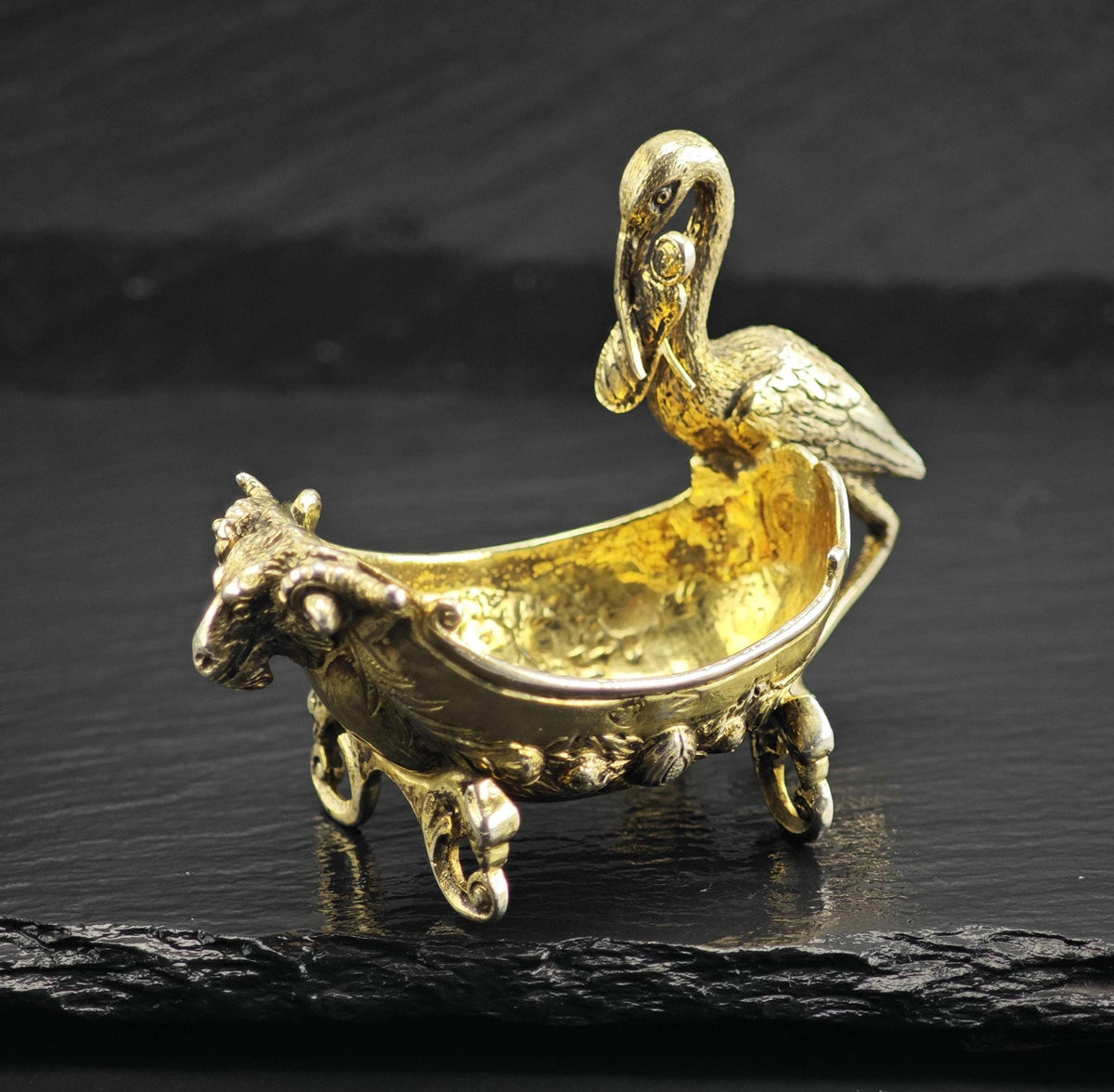 European Gold Gilded Stork/Baby with Ramhead Crib Sterling Silver Bowl Figurine MISC0395