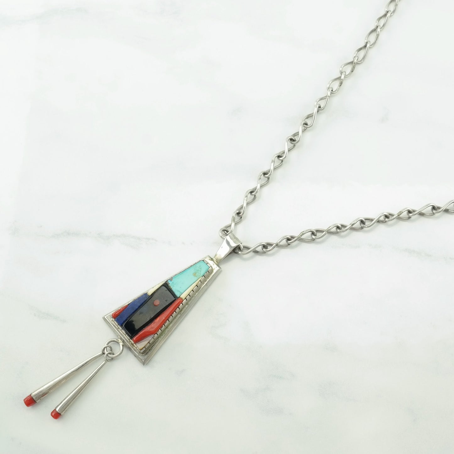 David Tune, Native American Sterling Silver Turquoise, Onyx, Coral Cobblestone Inlay Necklace