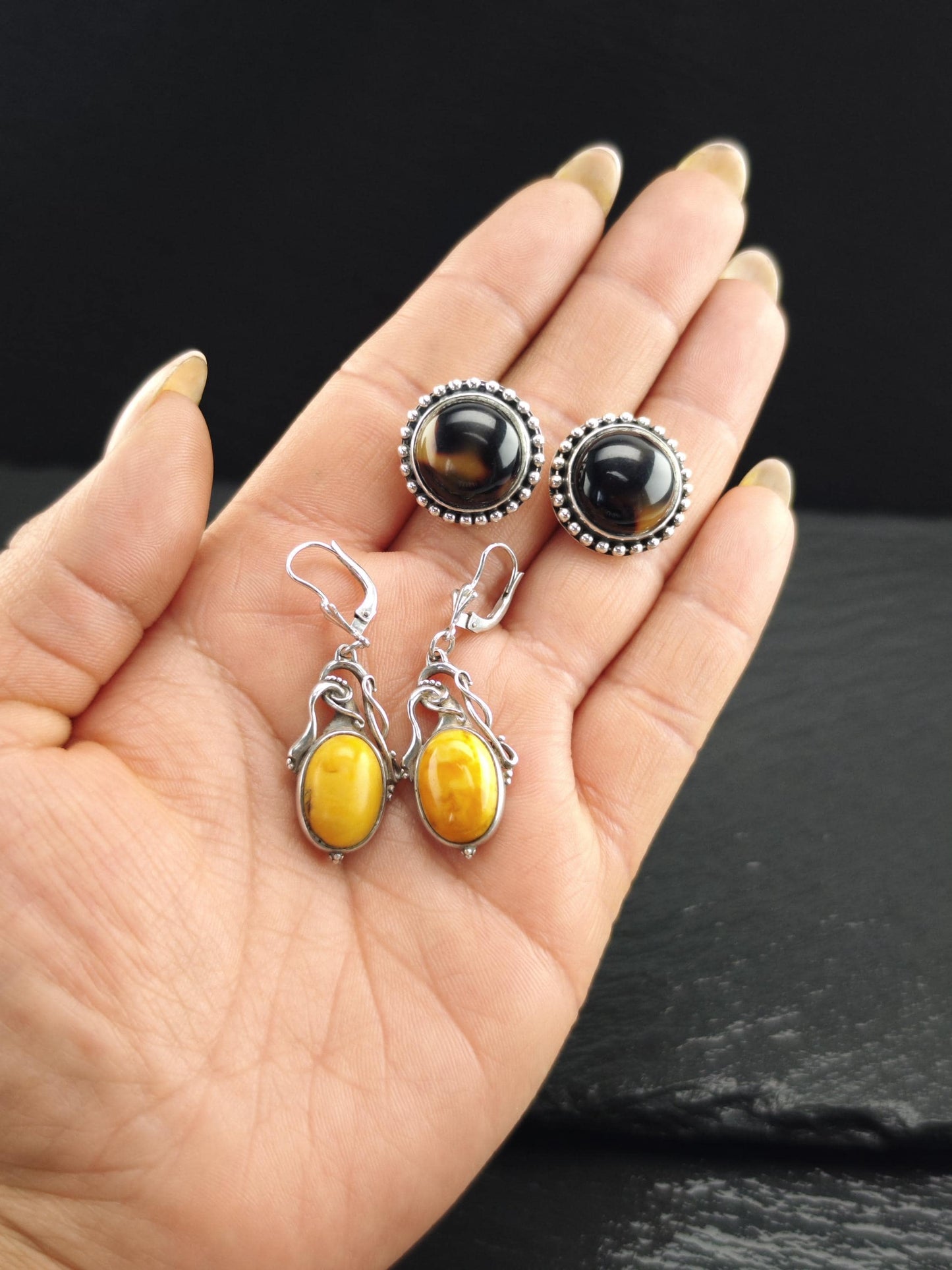 Vintage Brown Gemstone, Dome Sterling Silver Stud Earrings