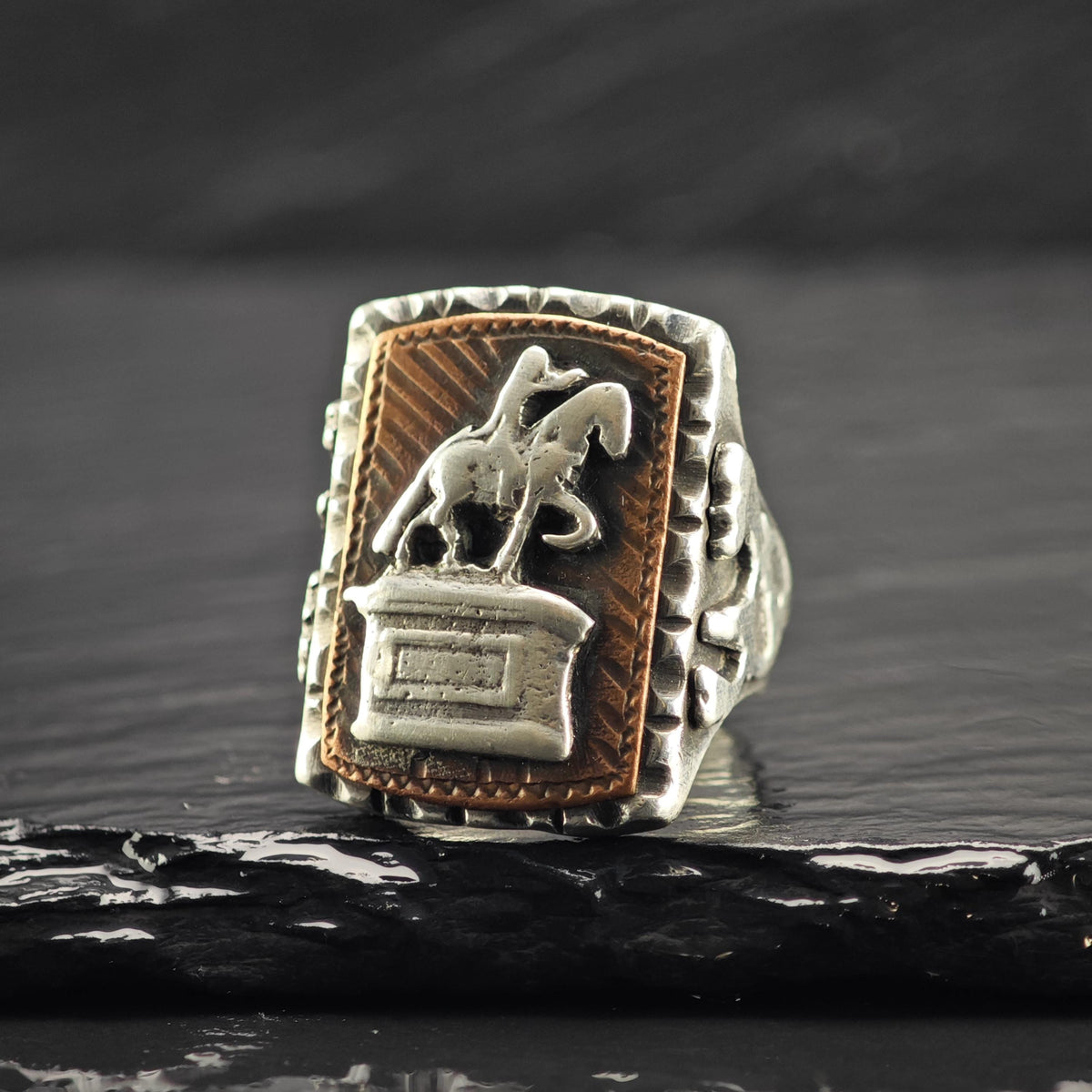 México Biker Ring Horse & Warrior Statue Sterling Silver Ring Sz 8 1/4 R6812