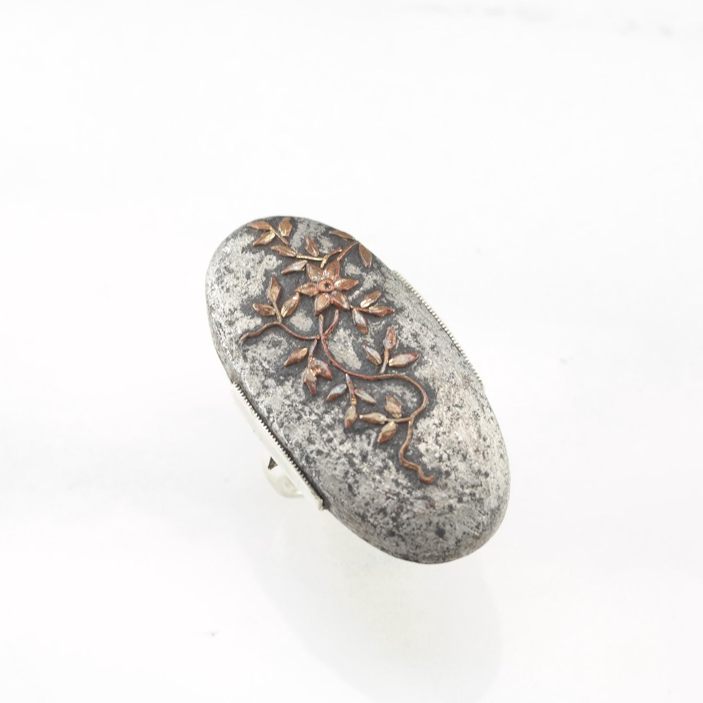 Meiji Period, Japanese Silver Ring Shakudo Floral Tree Sterling Grey Tone, Copper Tone Size 5