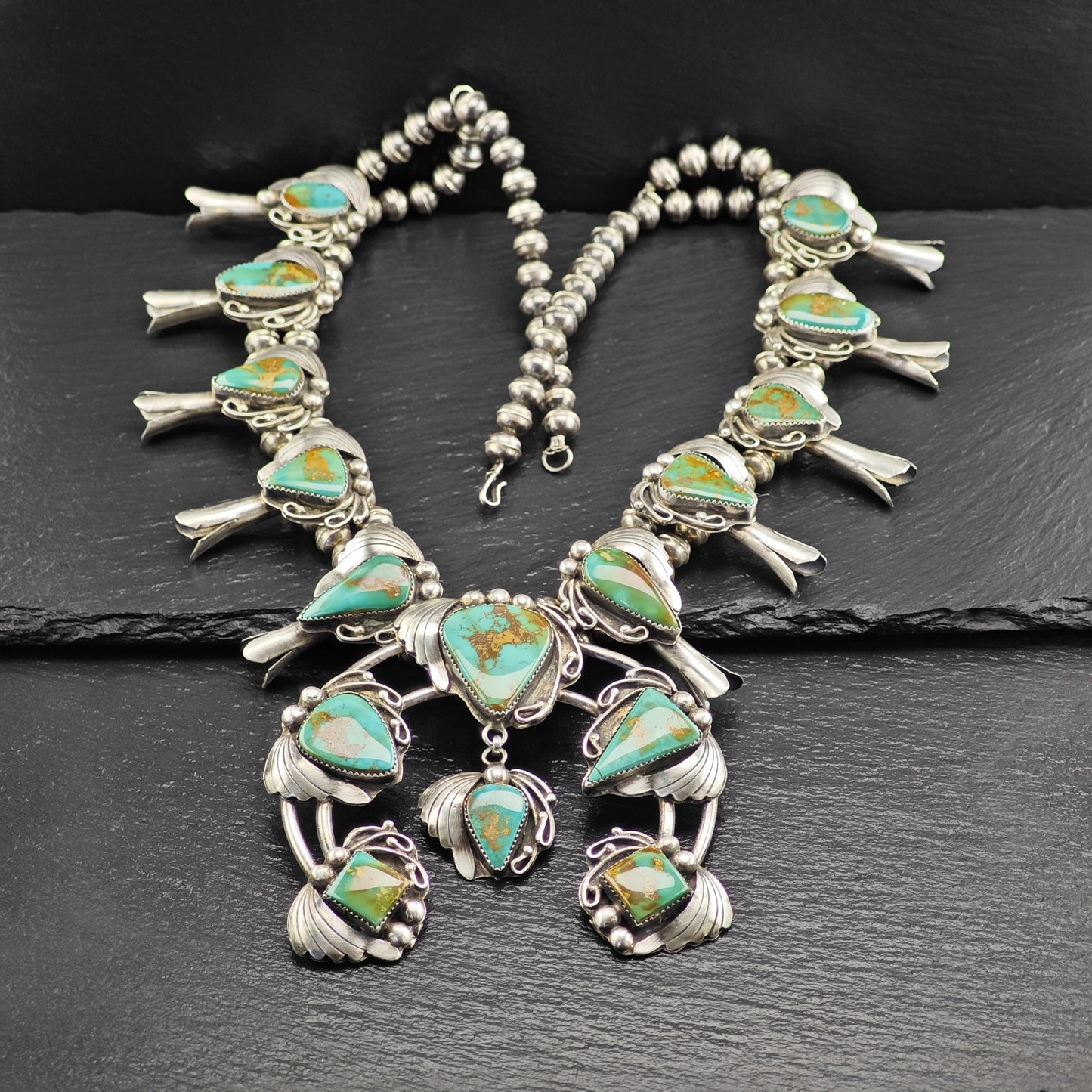 Native American Green Royston Turquoise Squash Blossom Necklace Sterling Silver