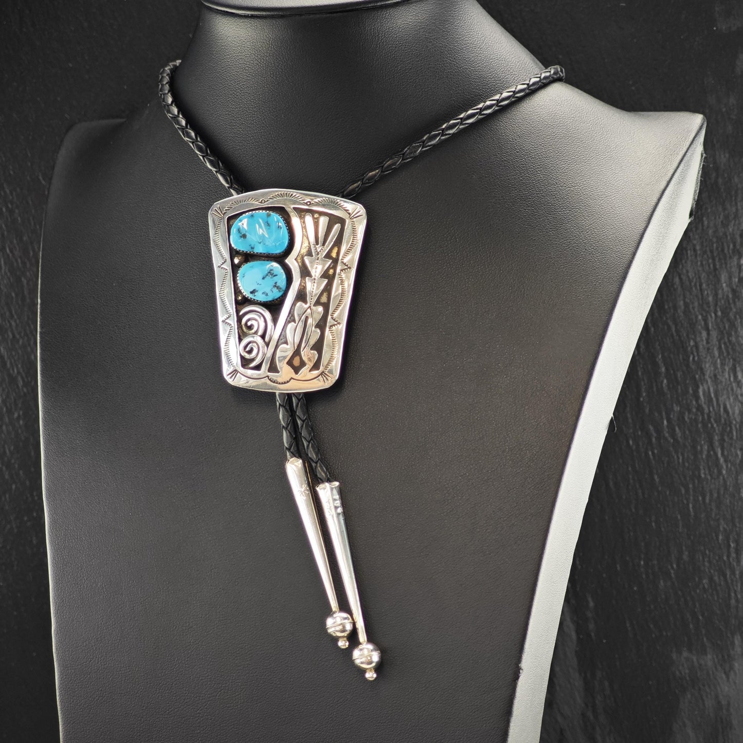 Vintage Native American Sterling Silver Sleeping Beauty Turquoise Shadow Box Bolo Tie Necklace N2747