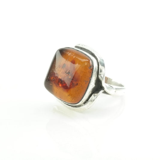 Sterling Silver Ring Amber Orange Size 8 1/2