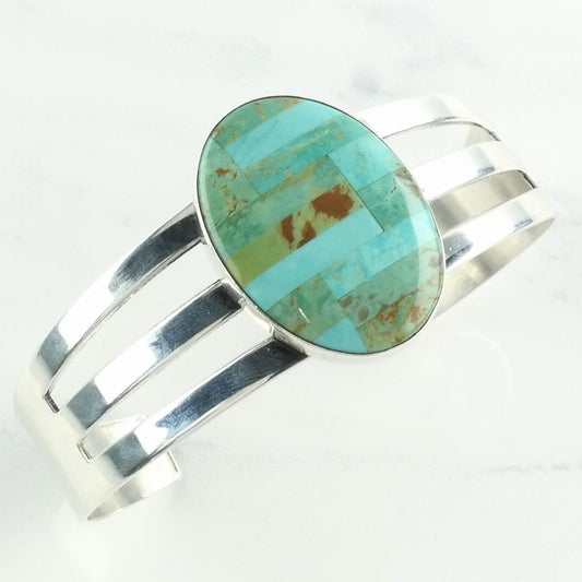 DTR Sterling Silver Cuff Bracelet Blue Turquoise Inlay