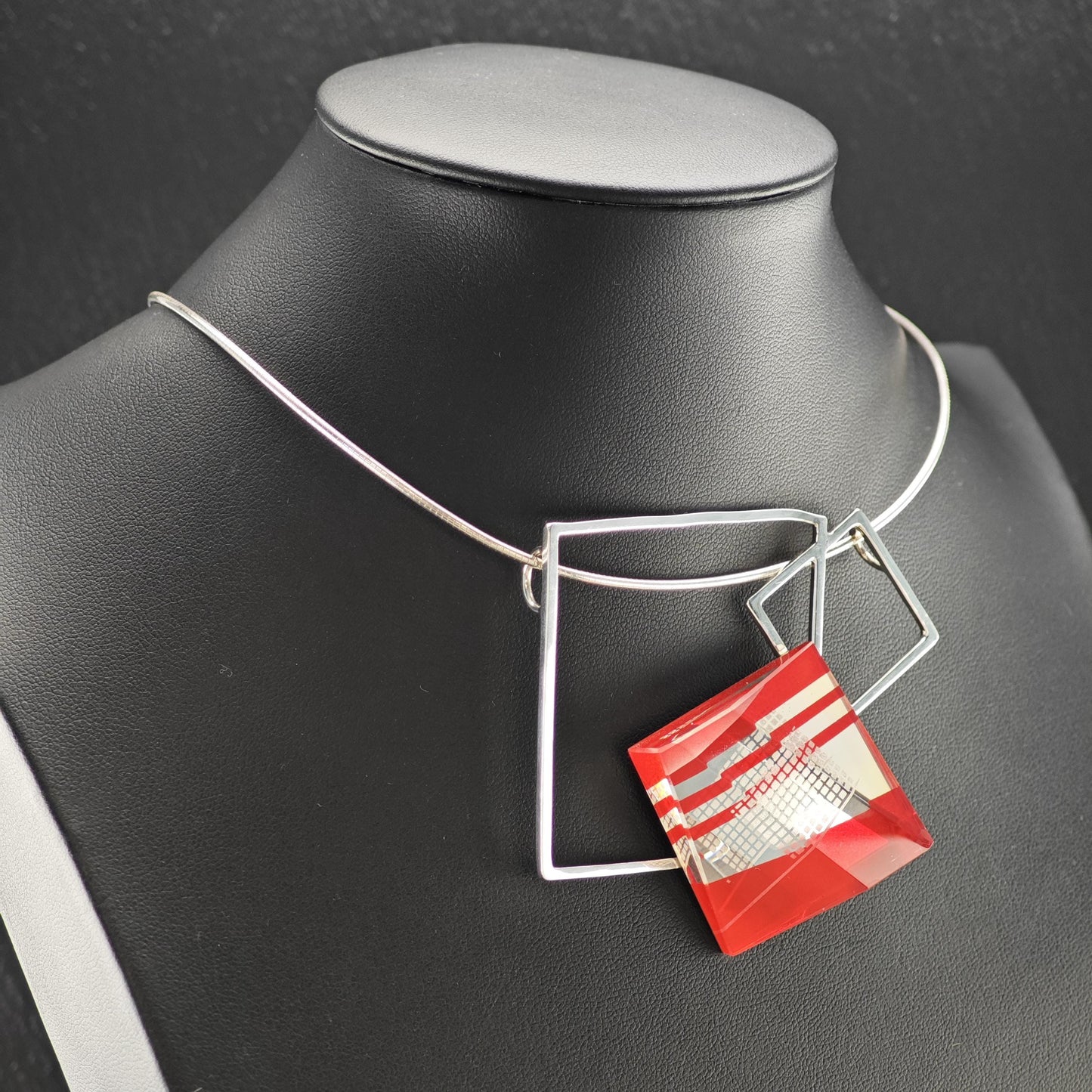 Pavel Novak Sterling Silver Red Glass Abstract, Modernist Necklace