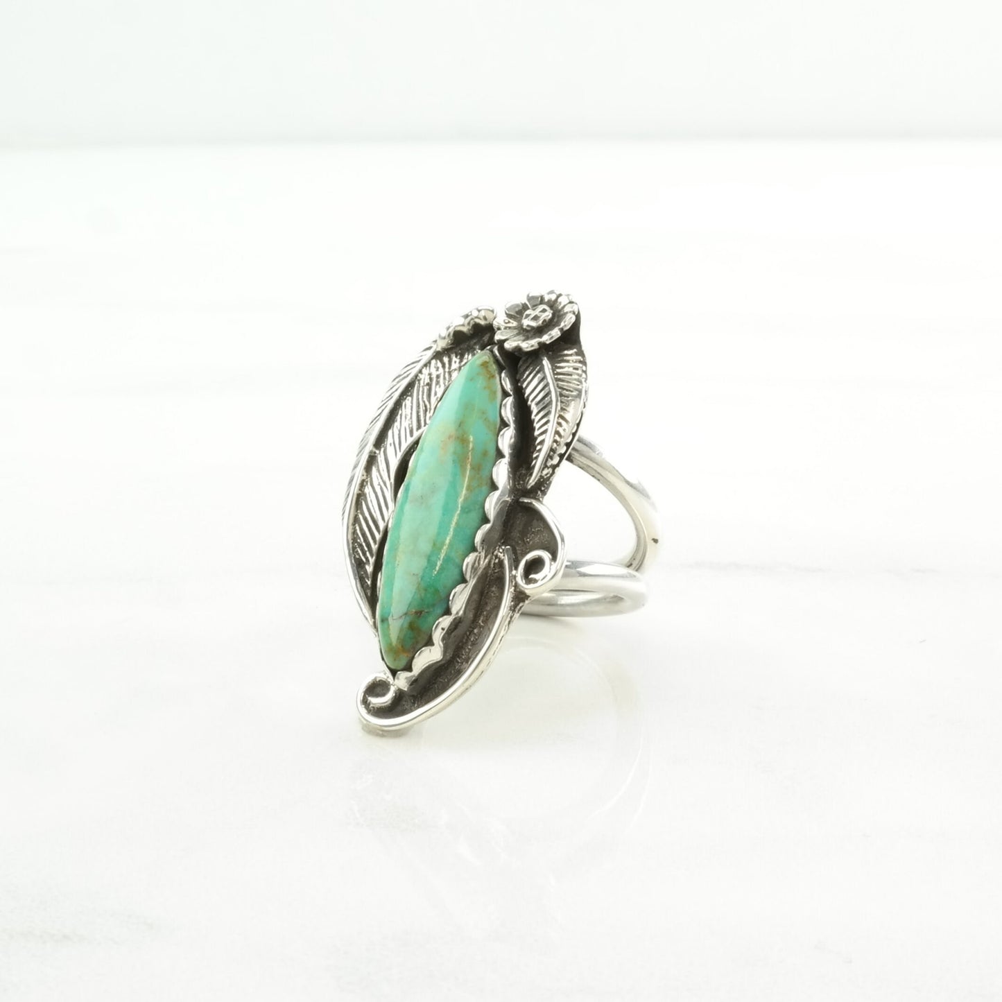 Vintage Native American Silver Ring Turquoise Leaf Sterling Blue Size 5 1/4