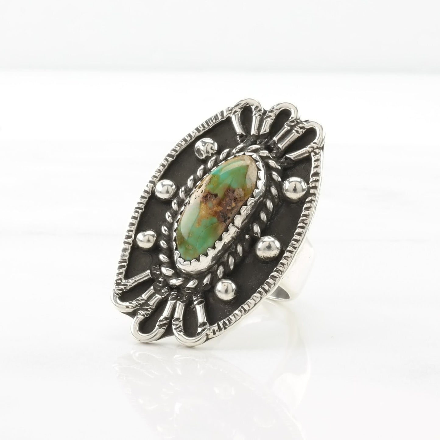 Native American Silver Ring Turquoise Floral, Large Sterling Green Size 7 1/2