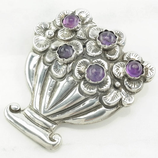 Taxco Sterling Silver Amethyst Flower Basket Brooch B1618
