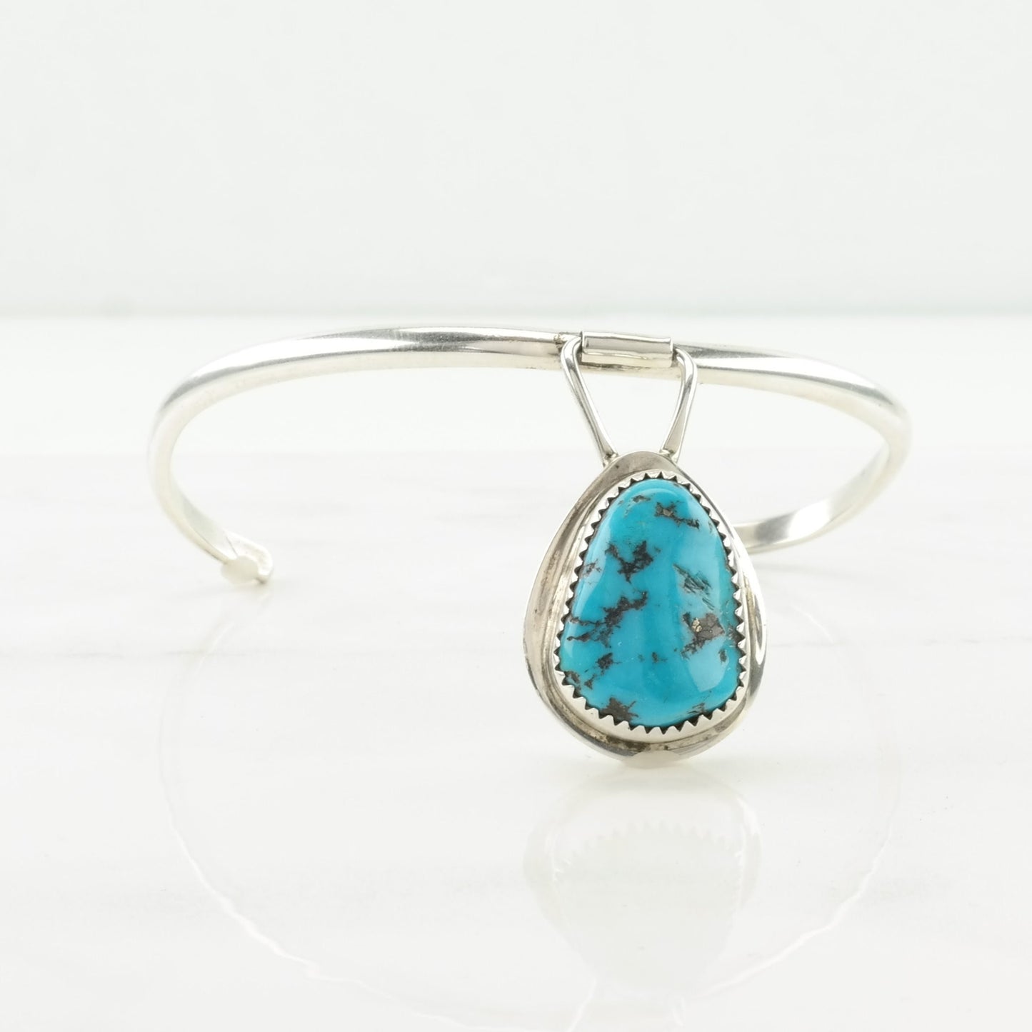 Vintage Southwest Sterling Silver Cuff Bracelet Blue Turquoise Hanging Pendant