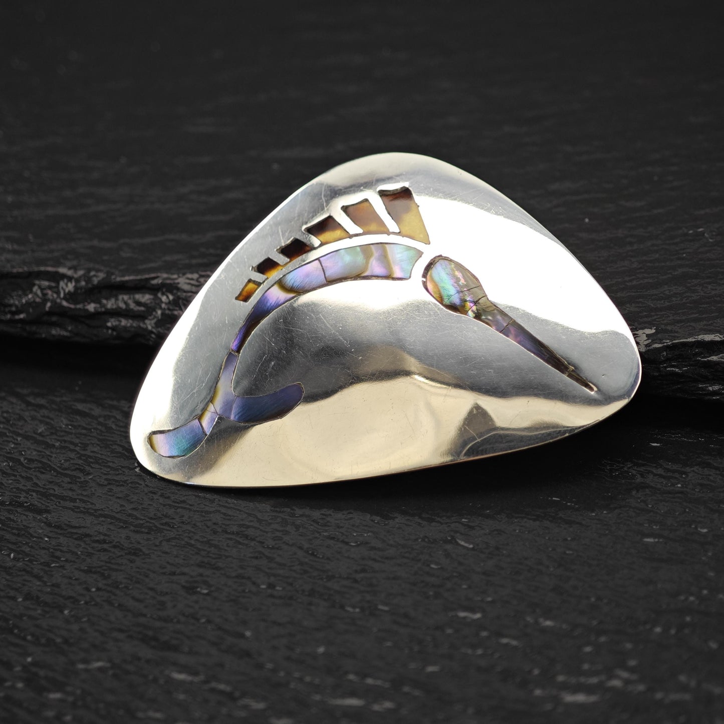 Taxco Sterling Silver Brooch/Pendant: Inlay Multi-color Swordfish B2139