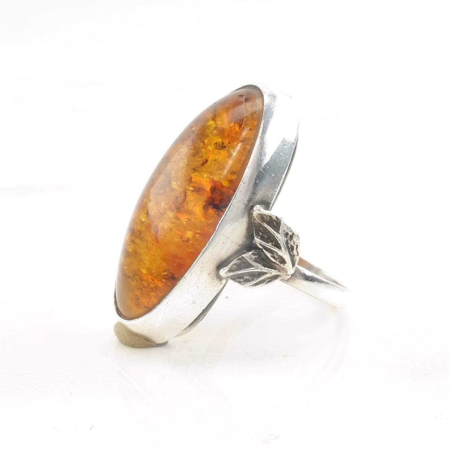 Vintage European Silver Ring Amber Leaf Size 8 1/2