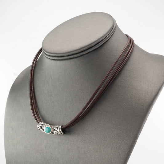 Sterling Silver Brown, Blue Turquoise 3 Strand Leather Necklace