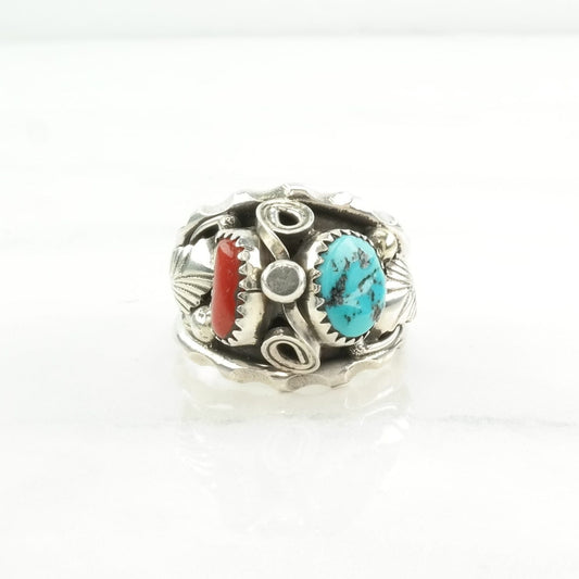 Vintage Native American Silver Ring Turquoise, Coral Leaf Sterling Blue, Red Size 10 1/2