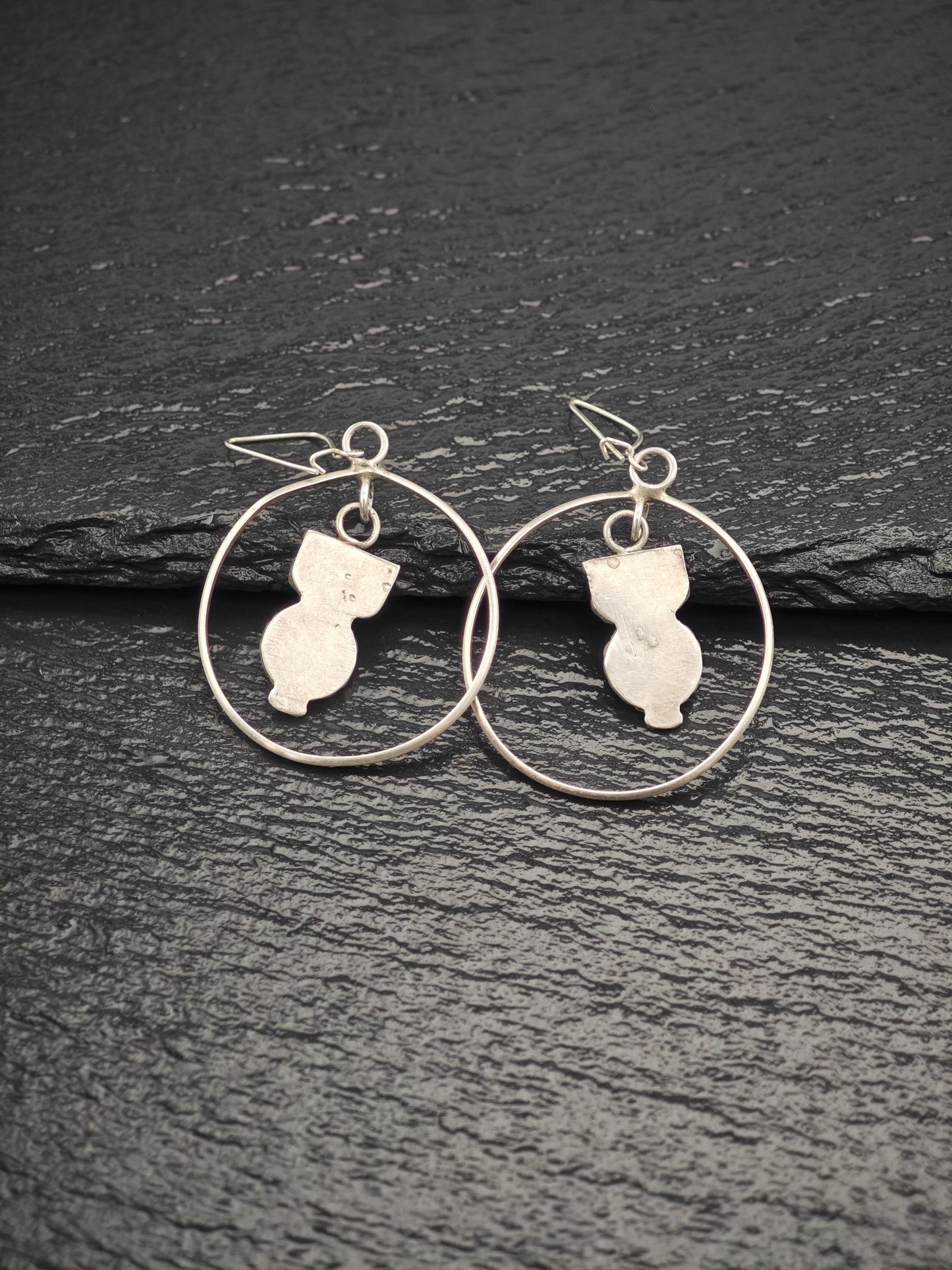 Zuni Inlay Hoop Earrings - Vintage Owl Design Sterling Silver