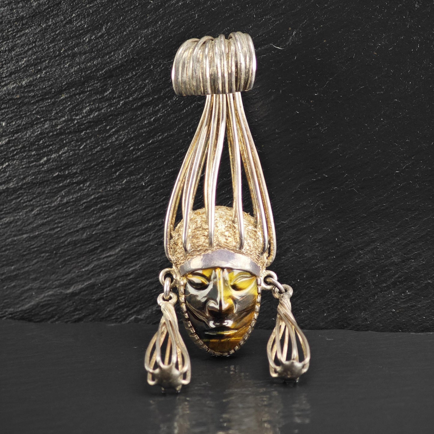 Taxco carved Tiger's Eye Aztec Warrior Pendant, Sterling Silver