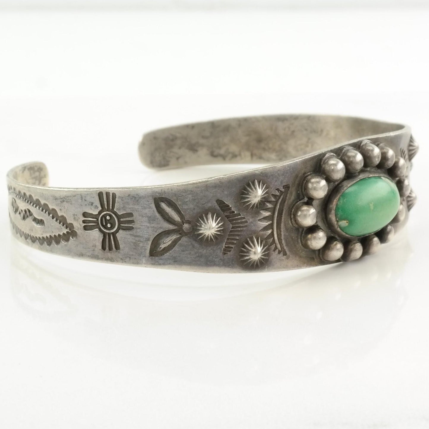 Fred Harvey Era Sterling Silver Cuff Bracelet Green Cerrillos, Turquoise Stamped