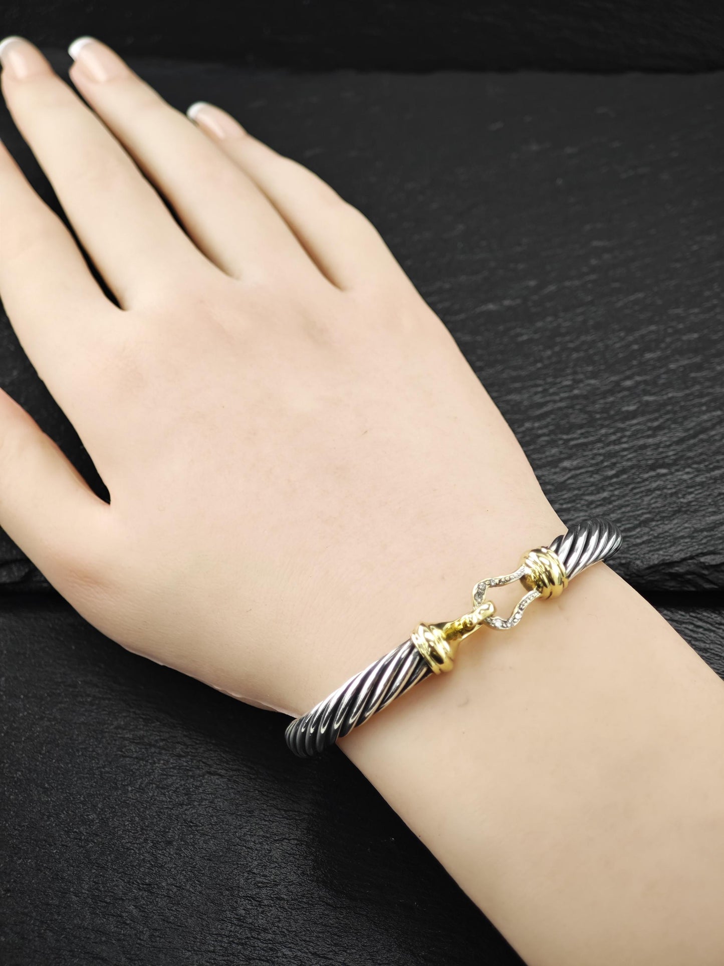 David Yurman 7mm 14K Gold, Diamond, Buckle Bangle Bracelet Sterling Silver