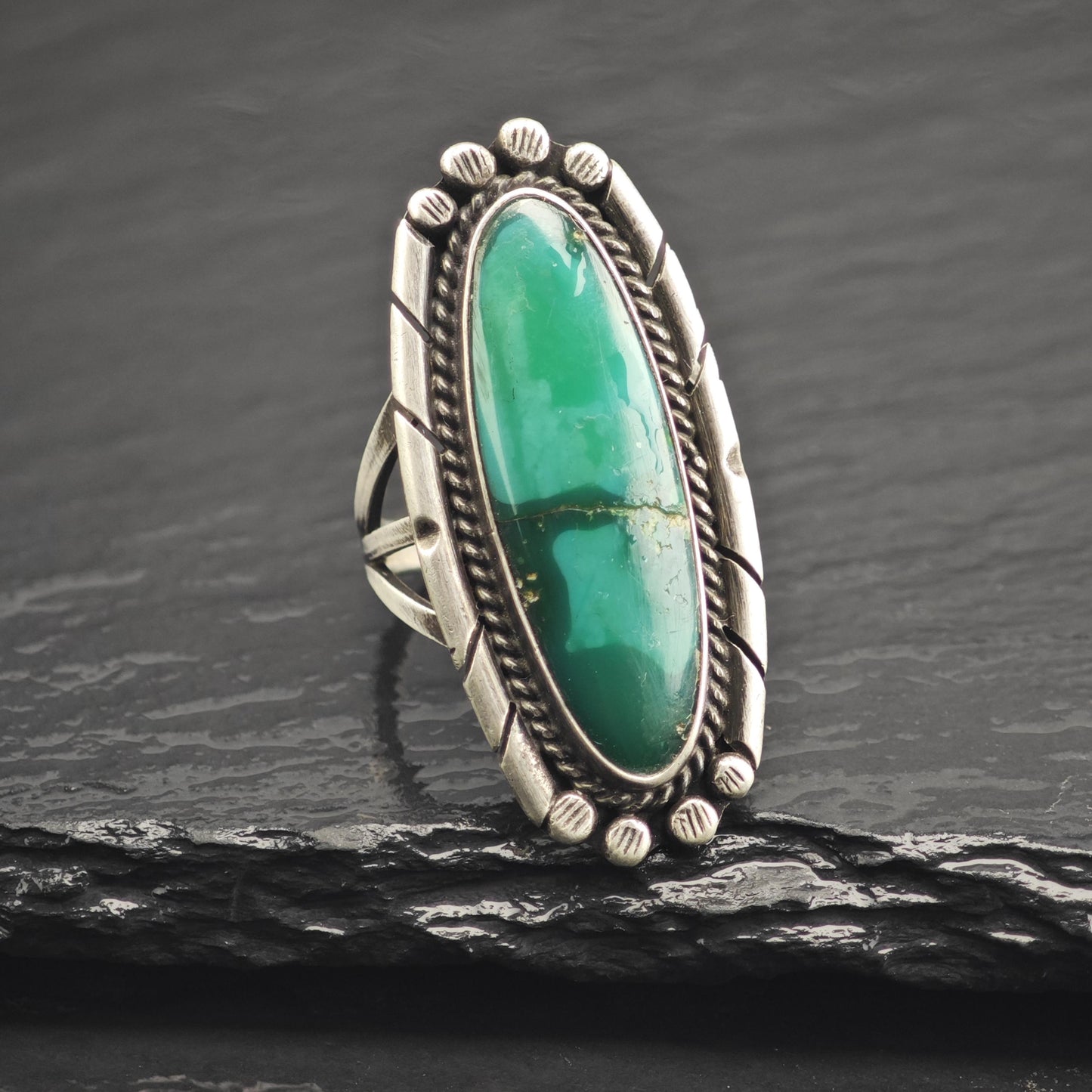 Long Oval Green Turquoise Sterling Silver Ring Sz 6 3/4 R6669