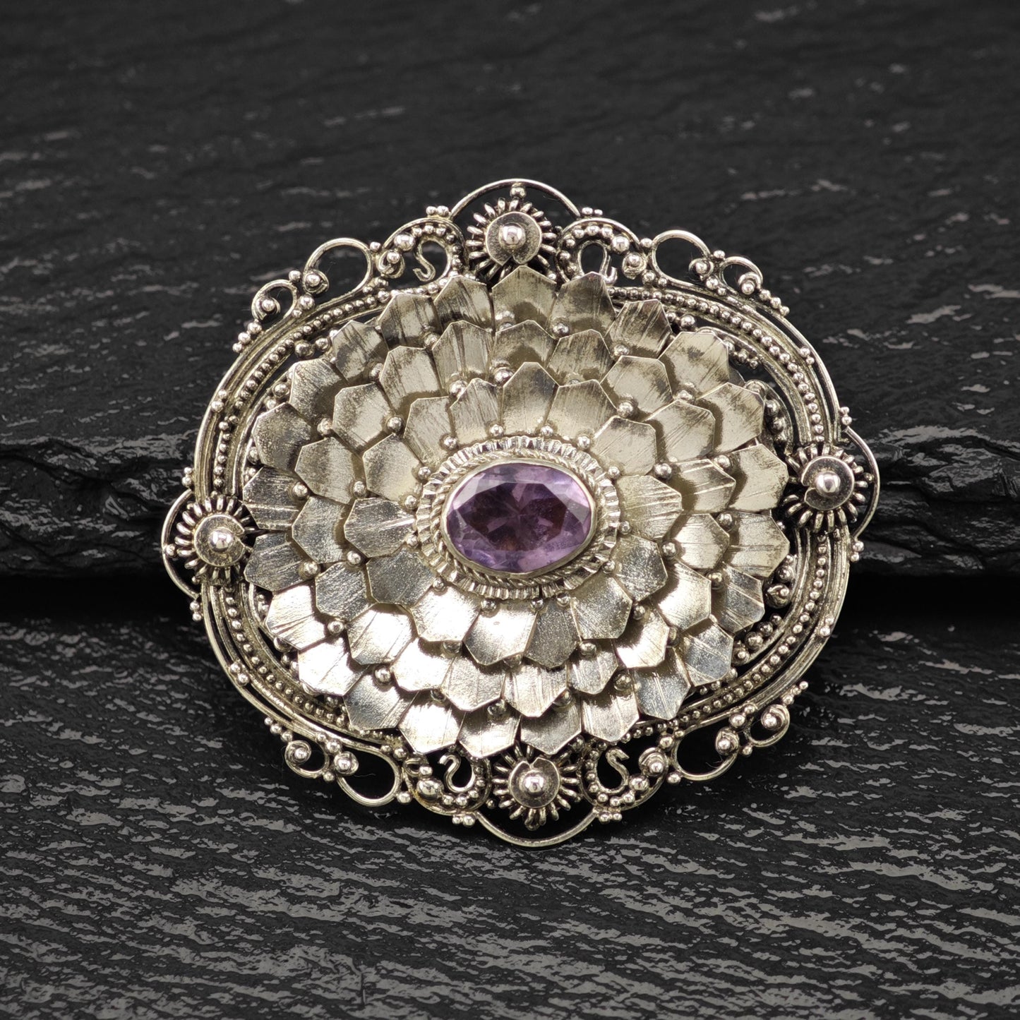 Purple Amethyst Brooch Floral Sterling Silver