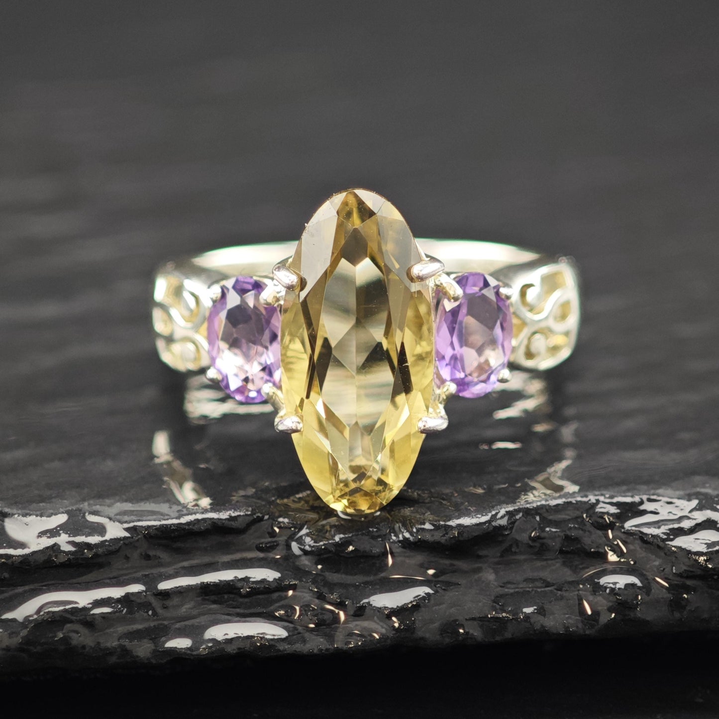 Sterling Silver Statement Ring Amethyst Citrine Size 8 R6232