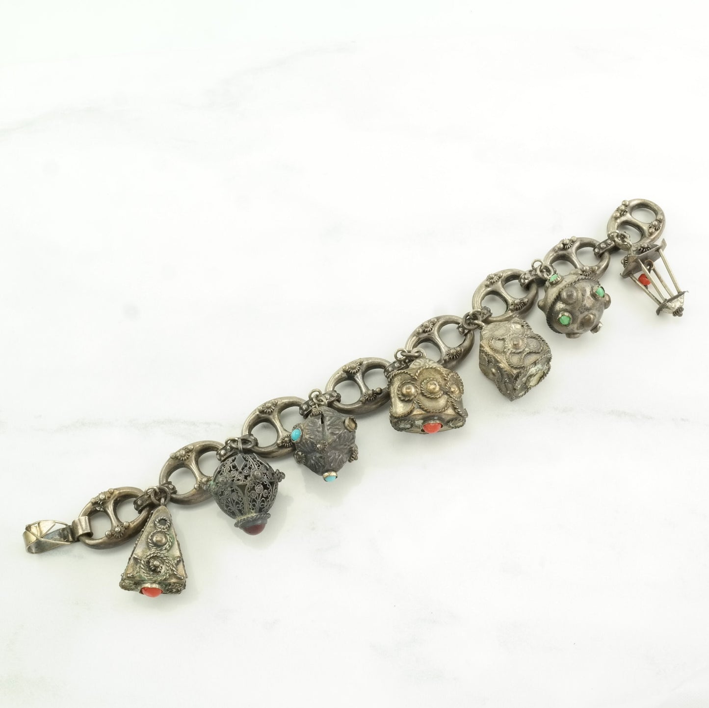 Missing Stones Etruscan Revival Sterling Silver Charm Bracelet Faux Turquoise, Coral, Carnelian