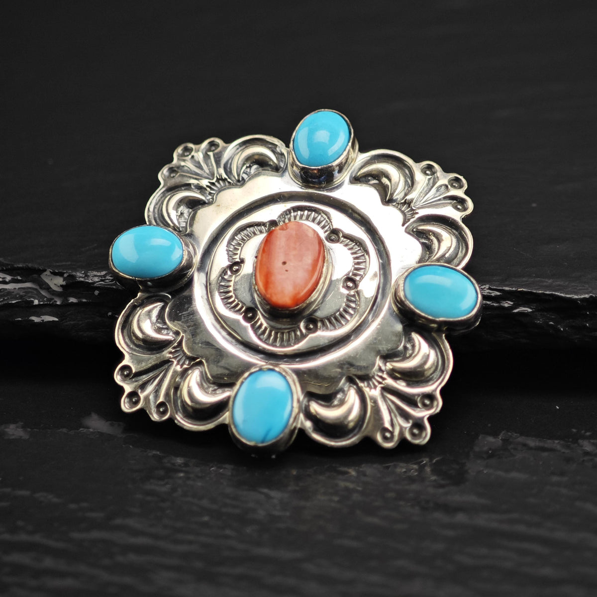 SW Turquoise & Spiney Oyster Brooch Sterling Silver B2241