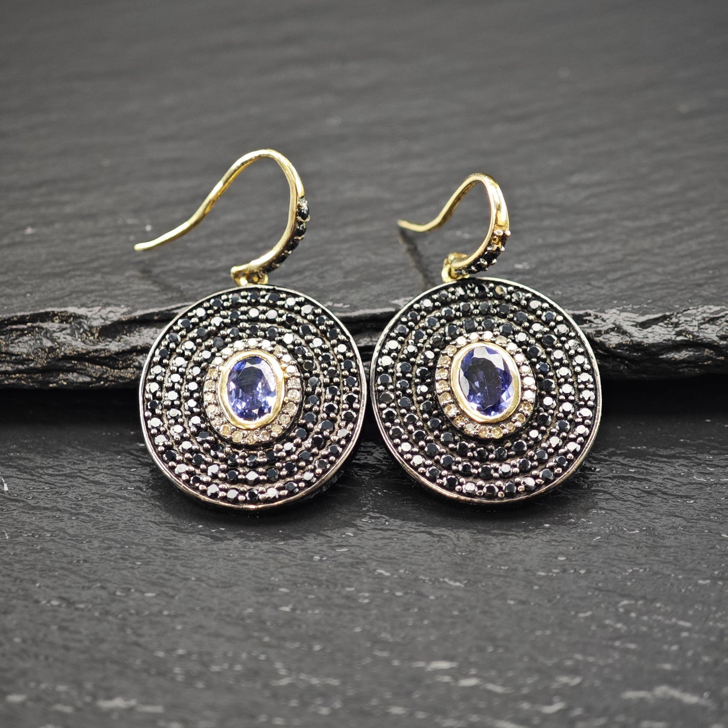 MLD Black, blue, Gold Tanzanite, Diamond, Spinel Pave Sterling Silver Dangle Earrings