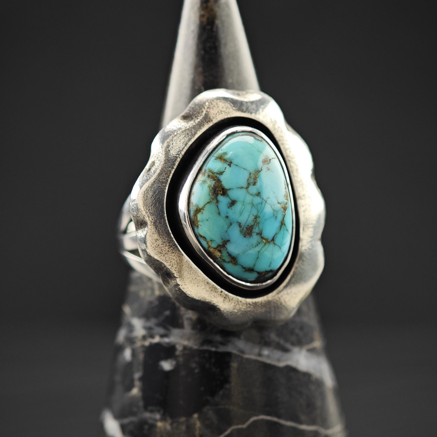 Native American Spiderweb Turquoise Shadowbox Ring Sterling Silver Size 5 3/4
