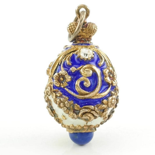 Vintage Lapis Lazuli, Enamel Egg, Tsar Peter the II Sterling Silver Pendant