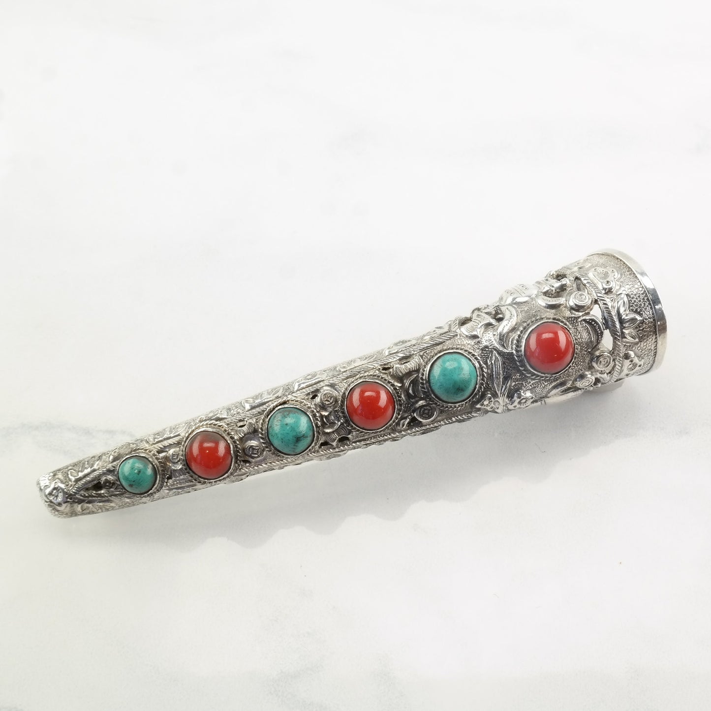 Chinese Sterling Silver Filigree Fingernail Brooch with Turquoise and Coral