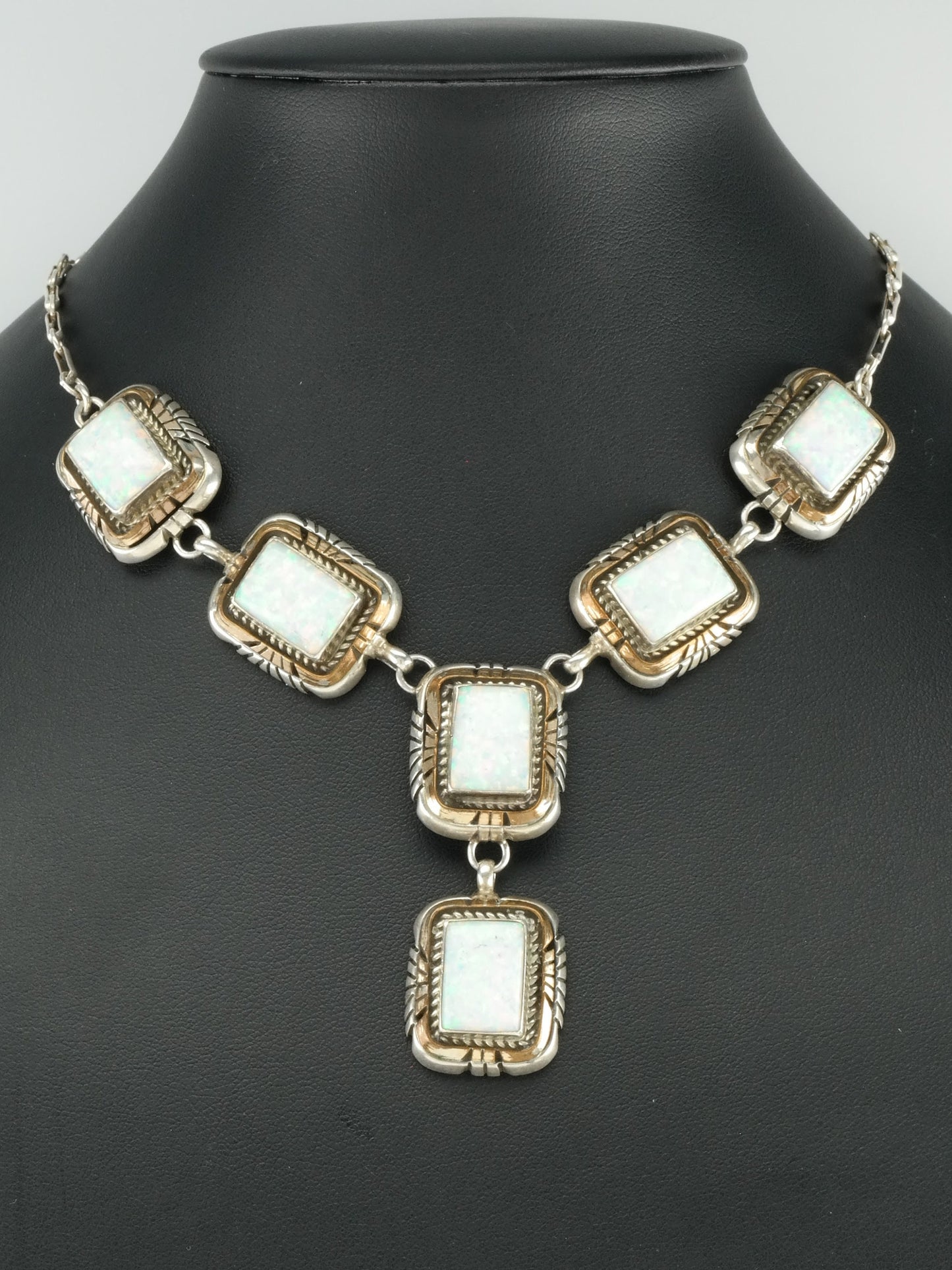 Vtg Lab Opal Sterling Silver Southwest Necklace With Gold Fill Accent
