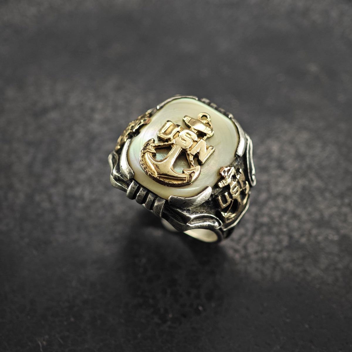 AS IS US Navy 12k Rotating Anchor Gold Sterling Silver Ring Sz 9 1/2 R6871