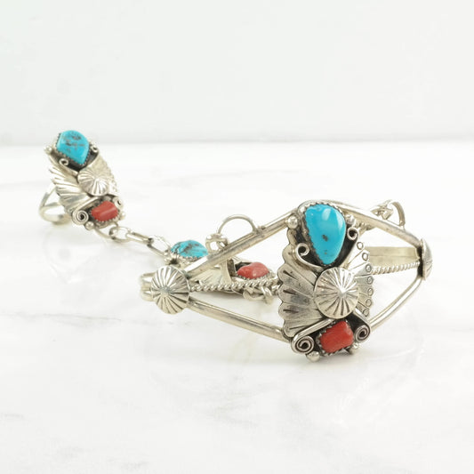 Native American Sterling Silver Cuff Bracelet Blue, Red Turquoise, Coral Floral