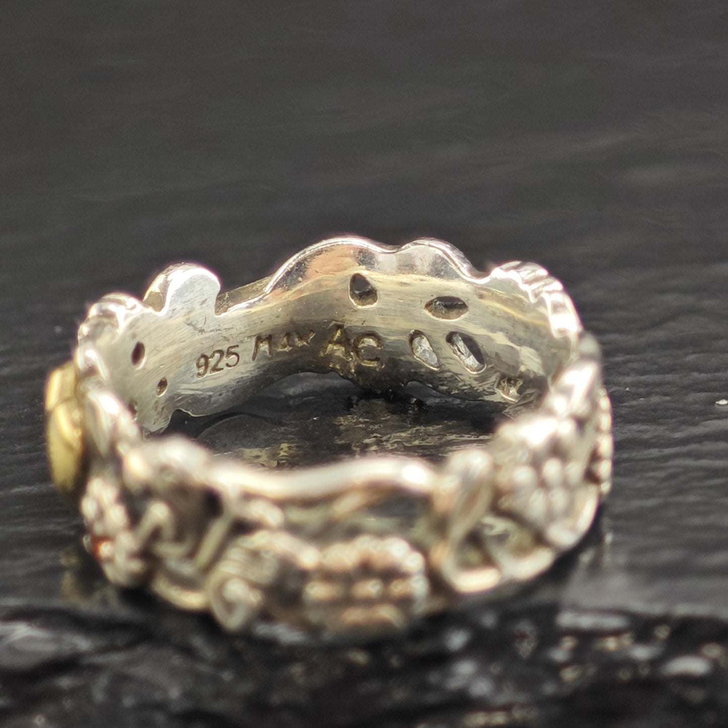 14K Gold Heart & Ruby Detailed Band Sterling Silver Ring Sz 7 R6592