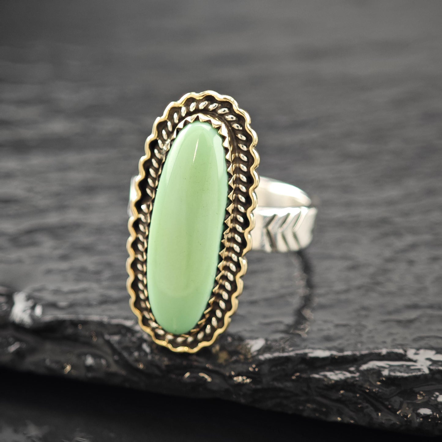 Long DTR Green Variscite Ring Sterling Silver, Brass Accent Sz 7 R5949