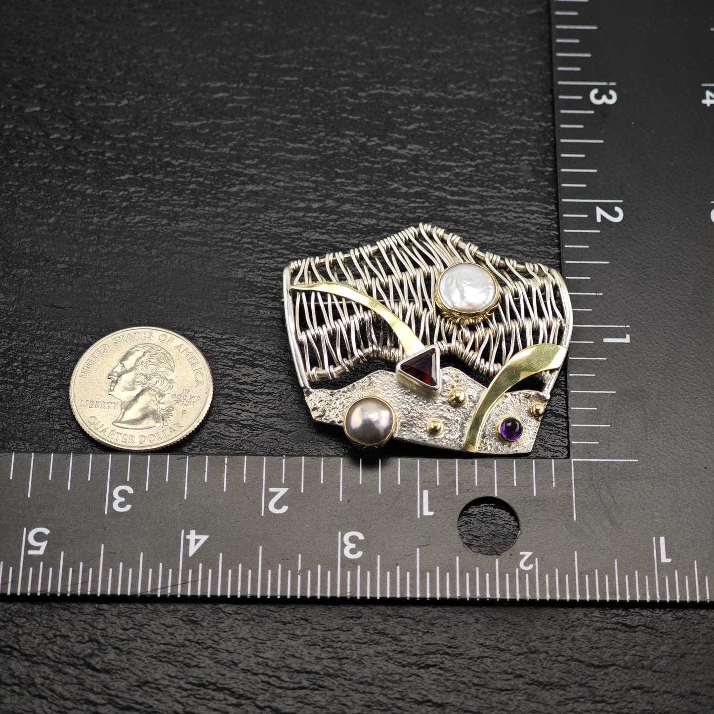 Sterling Silver Abstract Brooch with Multi-Color Pearls MOP Garnet Amethyst
