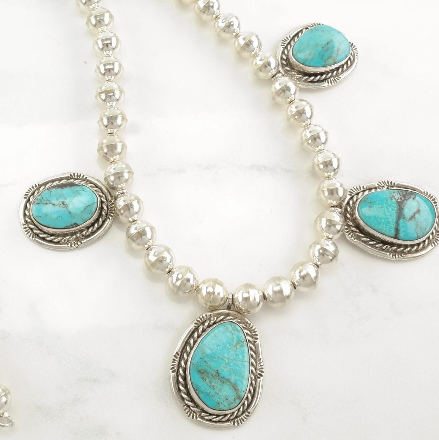 Vintage Native American Sterling Silver Blue Turquoise Stamped Necklace