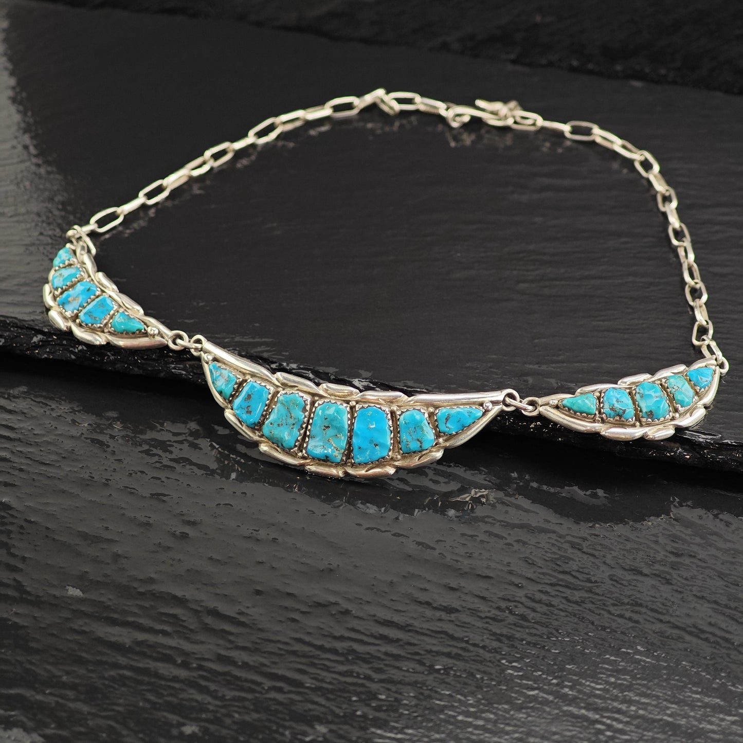 Vintage Zuni Quam Turquoise Sterling Silver Necklace N2723