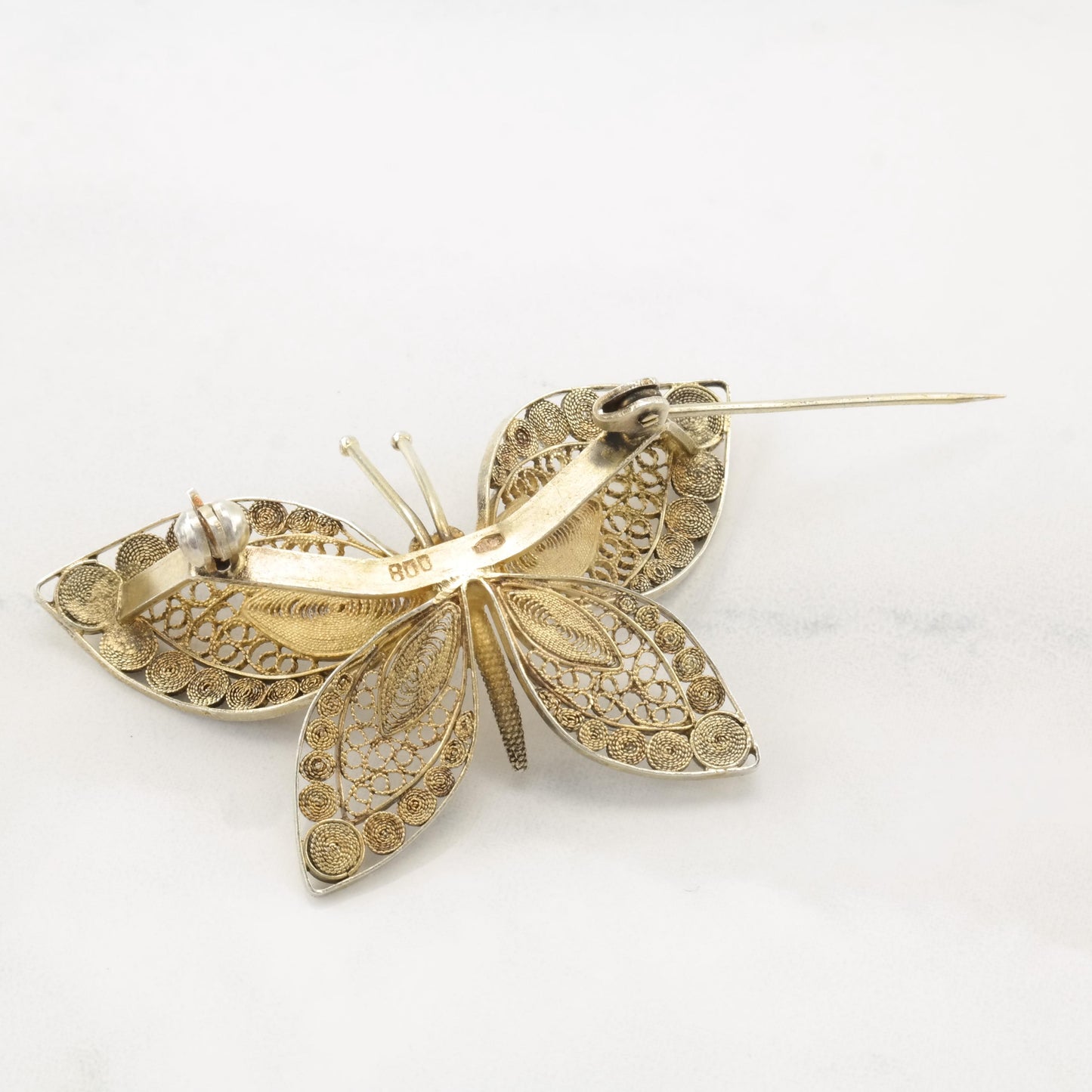 Vintage Italy Butterfly, Leaf Lightly Gold Gilded Sterling Silver Brooch