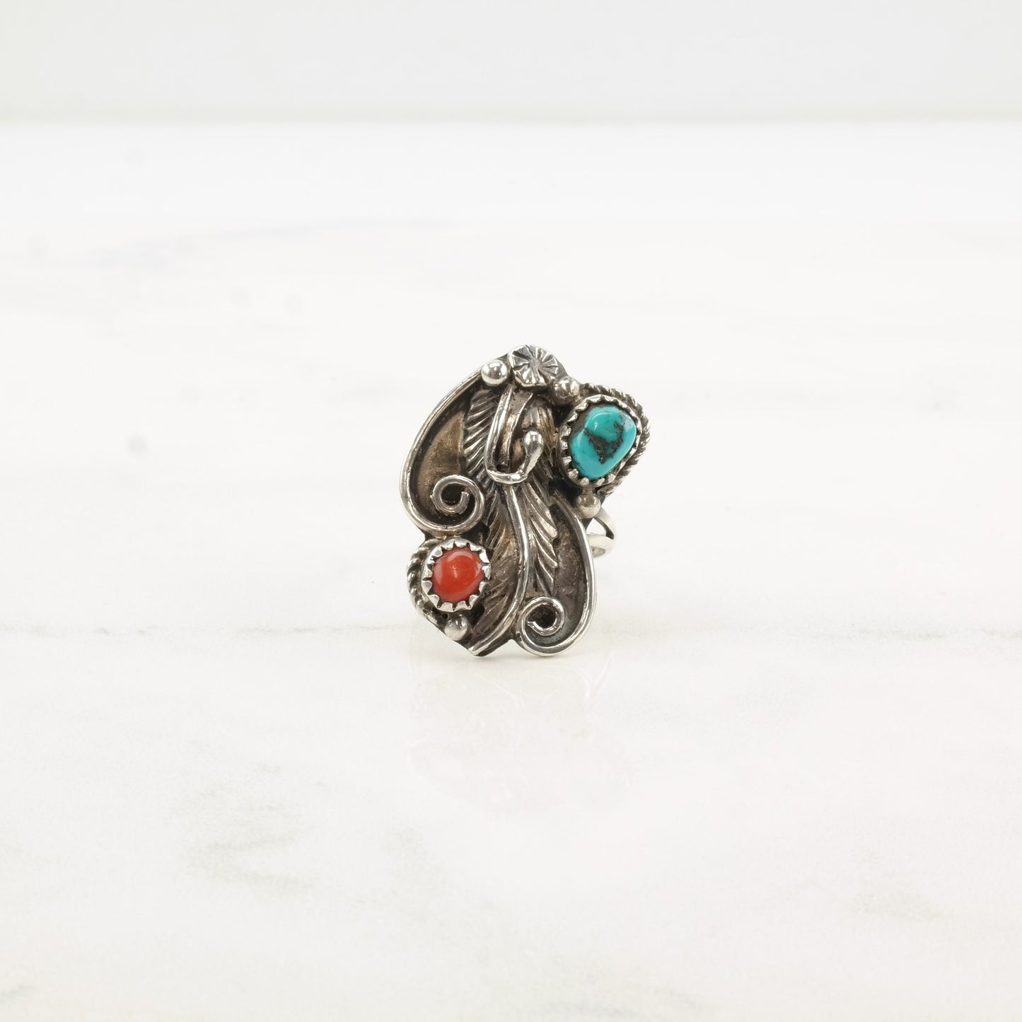 Native American Silver Ring Turquoise Coral Leaf Flower Sterling Size 6