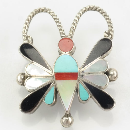 Native American Sterling Silver Brooch Pendant Inlay, Butterfly Coral, MOP, Turquoise, Jet